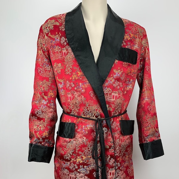 1950'S Brocade Lounge Robe - Vivid Red Satin Brocade with Chinese Imagery - Black Shawl Collar - Fully Lined - Men's Size Large