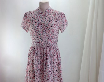 1940'S Sheer Rayon Dress - Swirly 40'S Print - Gathered Skirt - Pearl Buttons  - Size Small to Medium - 27 inch Waist