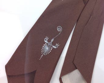 1950's Hand Painted Tie - Screen Printed with Air Brushed Details - All Silk - Putty Brown with Black & Creme