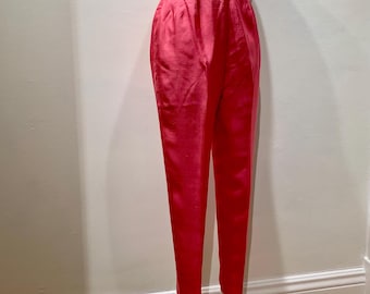 1960's SILK Capris - High Waisted Cigarette Pants - Tapered Leg - Hot Pink Silk - Fully Cotton Lined - Metal Back Zipper - 25-1/2 Inch Waist