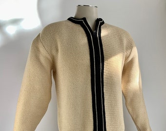 1950'S-60'S MOD Zip Cardigan - BRENTWOOD SPORTSWEAR - Heavy Territory Wool - Butter Cream Body with Black Details - Men's Medium to Large