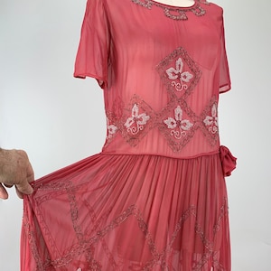 1920's Beaded Dress - Coral Silk Chiffon - White & Metallic Glass Beadwork - Scalloped Hemline - Authentic Vintage - Size Small to Medium