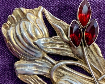 1940'S Floral Brooch - Beautiful Detailed Flowers - Sterling Silver over Brass - 3 Red Faceted Stones