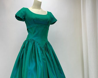 1950's Formal Dress - Green & Aqua Iridescent Taffeta - Fitted Bodice - Flowing Skirt - Interesting Drop Waist - Size Small - 24 Inch Waist