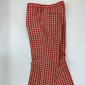 1970'S Plaid Slacks Wild Mod Styling Wide Stovepipe Legs Red & Biege Plaid Check Wide Cuffs 35 Inch Waist image 2