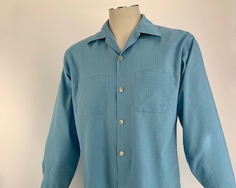 1950's - Early 60's Check Shirt - Polyster/Cotton Blend - MAYWOOD Label - Permanent Press - Baby Blue Check - Men's Size Medium