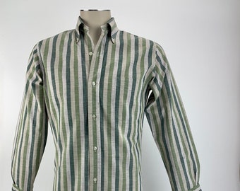 Early 1960's Striped Shirt - Buttondown Collar, Locker Loop & Tails - All Cotton - Mod Preppy Styling - Men's Tailored Medium