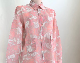 1960&#39;S Mod Mini Shirt Dress - Sheer Organdy Print - Totally See Through Fabric - Made in SCANDINAVIA - Size LARGE - NOS / Dead-Stock