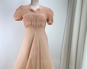 1930's Silk Chiffon Dress - Beautiful Rushing Details - Flouncy Bell Shaped Skirt - Size Small - 28 Inch Waist