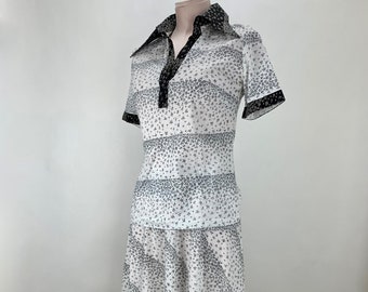 1960'S Mod 2-Piece Dress - Black & White Print - Cotton Jersey Knit - Made in Finland - Size Medium - NOS / Dead-Stock