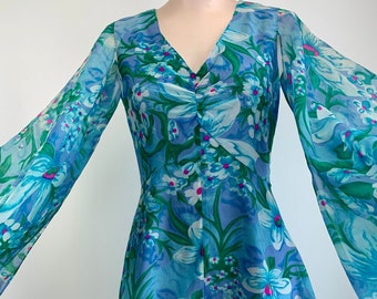1960's-70's Angel Wing Dress - Floral Chiffon - Aqua with Green & Hot Pink Accents - Palm Royale Style - Medium - 28 inch Waist