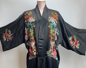 Vintage Chinese Silk Kimono - Black Silk - Colorful Embroidery Details - Sheer Silk Lining - Full Length - Medium to Large