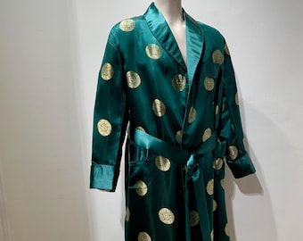 Vintage Asian Lounge Robe - All RAYON - Iridescent Deep Green with Gold - Satin Shawl Collar - Fully Lined - Men's Size 46 LARGE