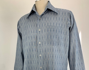 1970'S Shirt  - JP Label - Long Lapels - Patch Pocket - Double Buttoned Cuffs - Poly/Cotton Blend - Men's LARGE