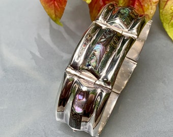 1950'S Sterling & Abalone Bracelet - Inlay Abalone Shell - Sterling Silver - Box Clasp - 7-1/4 Inches Long