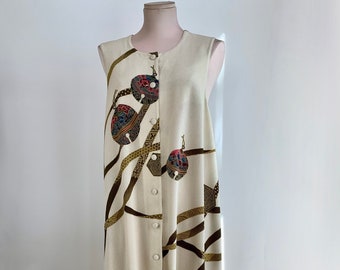 Vintage A-Line Tunic Style Dress - Hitoshi Tamura - Asian Print on Crepe - Cloth Covered buttons - Full Length - Size Medium to Large