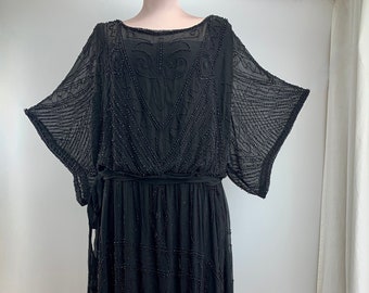 1920's BEADED DRESS - Black Silk Chiffon - Faceted Black Glass Beadwork - Sheer Silk Lining - Authentic Vintage - Size Medium