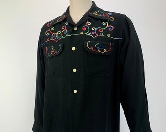1940'S Western Shirt - Black Rayon Gabardine - LAS VEGAS by Cowboy Joe - Rainbow Embroidery - Flap Patch Pockets - Men's Size Medium