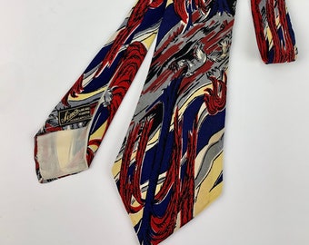 1940er-50er Jahre Vintage-Krawatte – Cooler Eichhörnchen-Druck – Ganzseide – SIM'S MINNEAPOLIS – Marineblau, Rot, Gelb und Grau