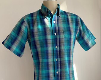 Early 1960's Shadow Plaid - SEARS Label - Poly/Cotton Blend - Aqua, Navy & Purple Ombre Plaid - Buttondown Collar - Men's Medium