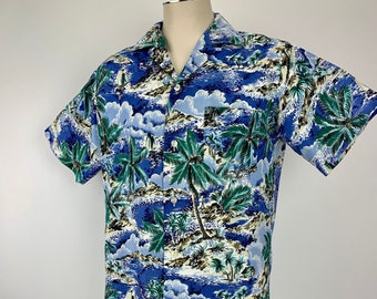 1950's Hawaiian Shirt - BRENT LABEL - 100% Rayon - Beautiful Ocean Blue Colors - Loop Collar - Tropical Print - Men's Size Medium