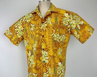 1960's Hawaiian Shirt - All Cotton Fabric - Golden Orange with Light Yellow Orchids - Metal Buttons - Patch Pocket - Men's Size Medium