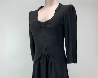 1940's Double Bow Dress - Black Rayon Fabric - Square Cut-Out Neckline - Peplum - Size Medium - 29 Inch Waist