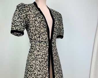 1930's-40's Silk Chiffon Wrap - Black Velvet Details - Split Reveal Wrap - Puffy Sleeves - Size SMALL to MEDIUM - 29 Inch Waist