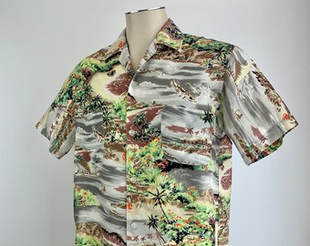 1950's Hawaiian Shirt - PENNEYS LABEL - Rayon Screen Printed - Loop Collar  - Made in Japan - Men's Size Medium