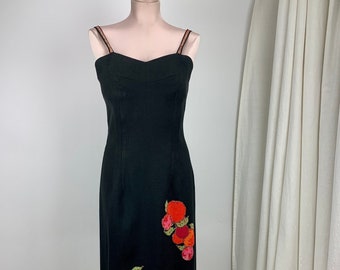1960's Wiggle Dress - Fitted Bodice - Spaghetti Straps - Colorful Peach Appliques - Kick Pleat - Size Medium - 29 inch Waist