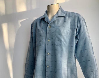 1950's Shirt - All Cotton - PILGRIM Label - Light Blue with a Crown Print - Loop Collar - Patch Pockets - Men's Size Large