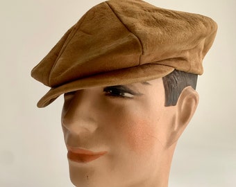 Vintage Newsboy Cap - Baker Boy Cap - 8 Panel Brown Suede - Satin Lined - Leather Sweatband - Men's Size 7-3/8