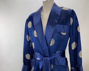 1940'S Satin Lounge Robe - Deep Iridescent Blue Satin Asian Print - Fully Lined - Men's Medium