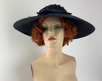 Vintage 1940's-50's Super Wide Brimmed Hat - MR. LEON New York - Quality Navy Straw - Woven Ribbon Crown - Women's Size Medium