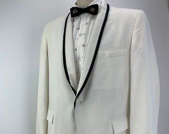 Early 1960s TUXEDO Jacket - NITE MAGIC by After Six - White with Black Shawl Collar Piping -  Men's Size 42 Short