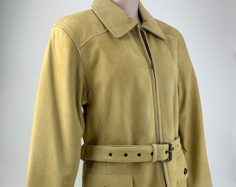1980's Buckskin Jacket - GEORGETOWN LEATHER DESIGN - Satin Lined - Belted - 2 Low Buttondown Pockets - Women's Size Medium
