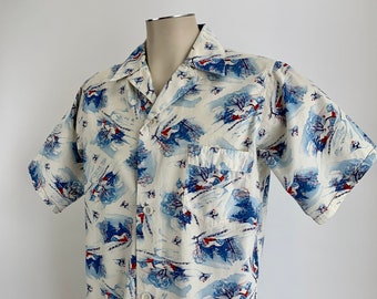 1950'S Pajama Shirt - Winter Scene Novelty Print - PENNEY'S TOWNCRAFT - All Cotton - Men's Size Medium
