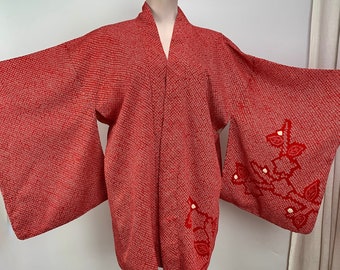 Vintage Kimono - ALL SILK - Elaborate Traditional Japanese Shibori - Cropped Length - Vivid Red Revealing White - Size Medium to Large