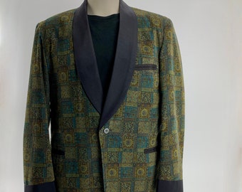 1960'S TUXEDO JACKET - Printed Cotton Corduroy - Black Shawl Collar  - Satin Lined - Tailored by Rabhor - Men's Size Large