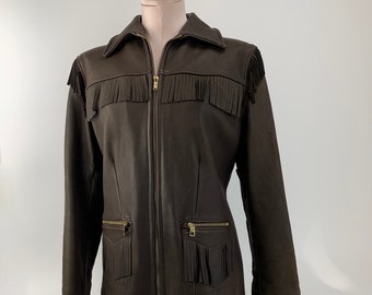 1950's Buckskin Jacket - Deep Brown Buckskin - Wrap-a-Round Western Fringe - Heavy Brass Zippers - Women's Size Medium