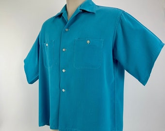 1940's-50's Gabardine Shirt - Blue Rayon - PENNEY'S TOWNCRAFT LABEL  - Buttondown Patch pockets - Loop Collar - Men's Size Large