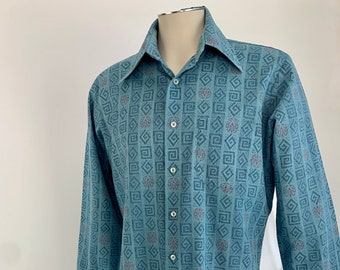 1970'S Shirt  - MAC PHERGUS Label - Permanent Press - Long Lapels - Double Buttoned Cuffs - Poly/Cotton Blend - Men's LARGE