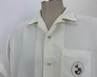 1950's Rayon Shirt - Embroidered Crest - Light Butter Yellow - PENNEY'S TOWNCRAFT - Men's Size Large