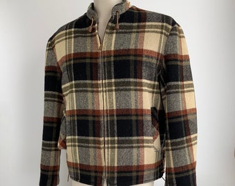 1950's Wool Plaid Jacket - Boxy Cut - TOWNCRAFT PENNEYS - Leather Lacing Details - Conmar Zip Jacket -  Men's Medium to Large