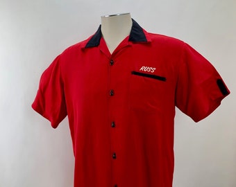 1950'S Bowling Shirt - 2Tone Rayon Gabardine - Bowling Pin Buttons - Air Flo Label - Men's Size Medium