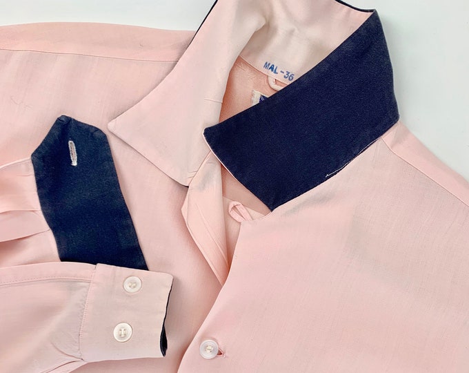 1950's Rayon Shirt Twotone Collar and Cuffs Powder Pink and Black
