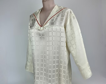 1940's 50's Sailor Blouse - Shinny Satin Checkered Fabric in Creamy White - Red Cording along the Collar  - Women's Size Medium