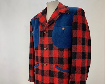 1950'S Vintage Hunting Jacket - Wool Plaid with Blue Contrasting Shoulder & Pockets - Leather Buttons - Satin Lining - Tailored Medium