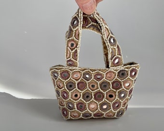 1990'S Petite Beaded Handle Bag - Seed Beadwork with Pink & Mauve Embroidery Wrapped Mirrors - Satin Lined with Tiny Side Pocket