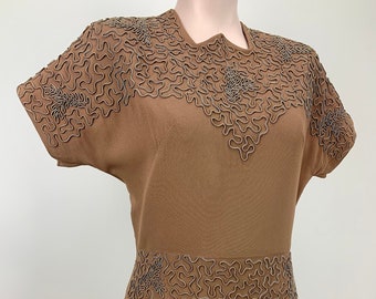 1940's Rayon Dress - Soutache Embroidery Details - Interesting Neckline - Women's Medium - 28 Inch Waist